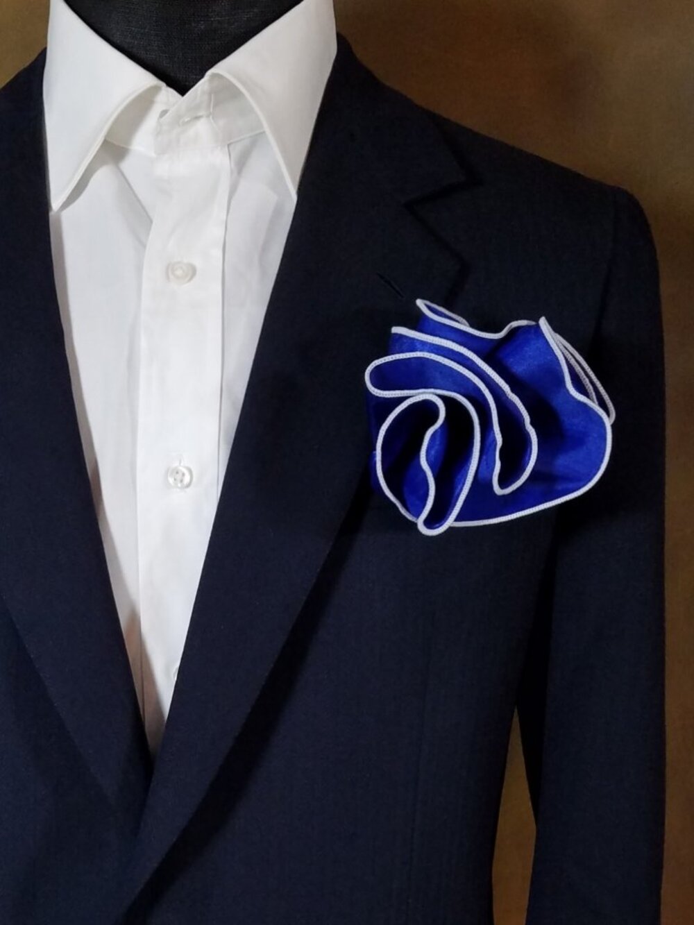 NEW Royal Blue Satin 2-in-1 Pouf Round Pocket Square with White Trim